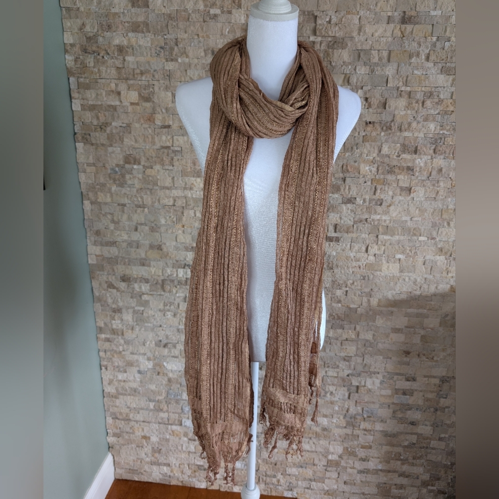 Camel Tan Boho Textured Fringe Shawl Sheer Lightweight Neutral Scarf Eco Fairy image 3